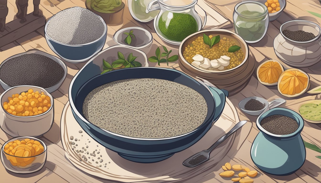 A bowl of chia seed pudding sits on a table, surrounded by illustrations of ancient civilizations and traditional ingredients