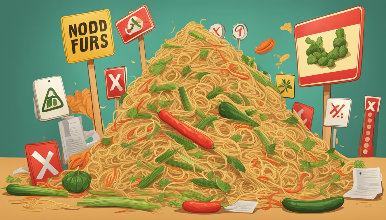 A pile of processed vegetable noodles surrounded by warning signs and red X marks