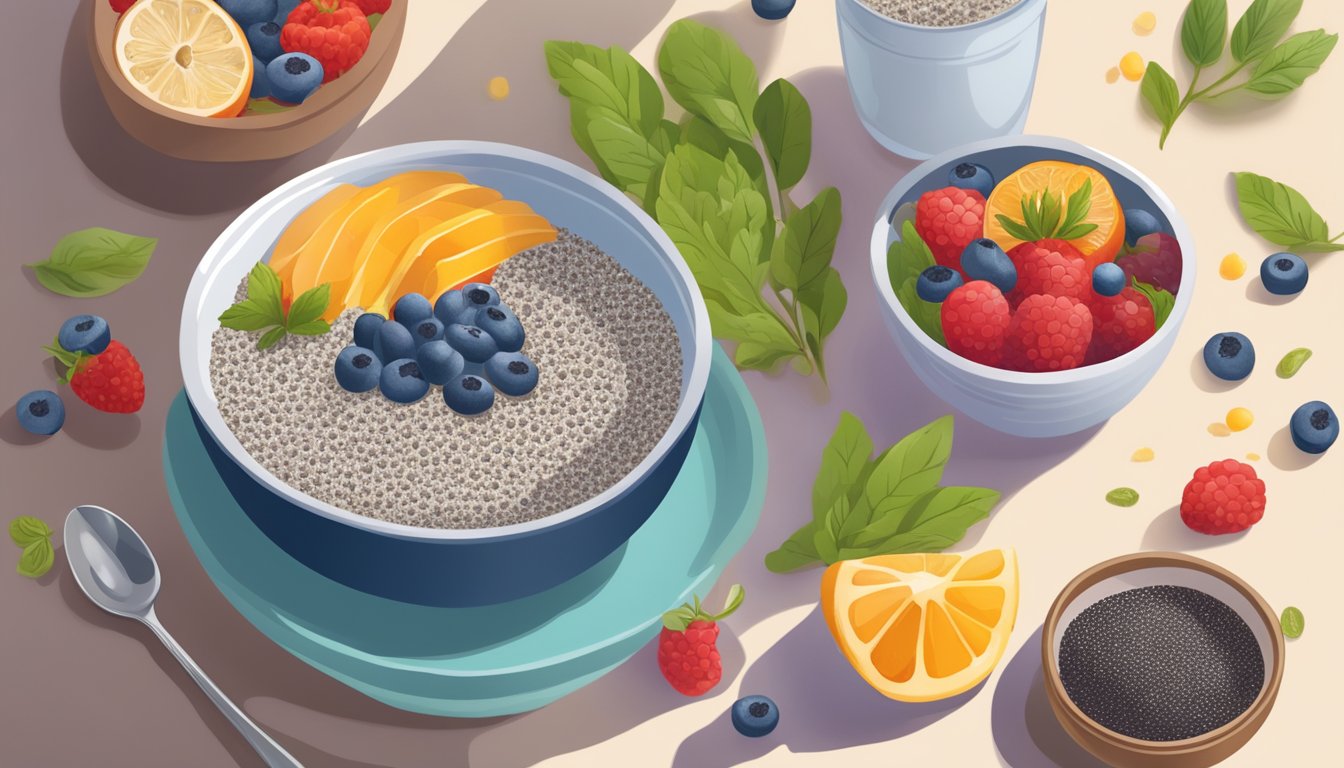 A bowl of chia seed pudding sits next to a spread of vibrant, nutrient-rich foods, highlighting the stark contrast in health benefits