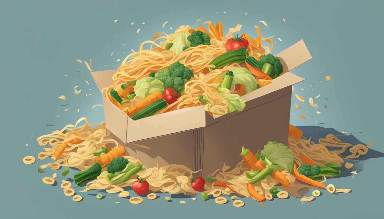 A pile of wilted, processed vegetables and noodles spilling out of a torn, artificial packaging