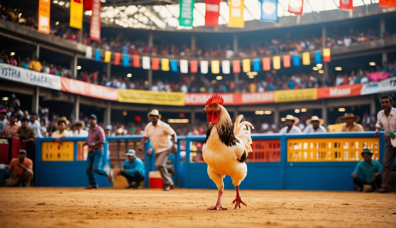 Sebuah arena sabung ayam yang ramai dengan spanduk berwarna-warni dan penonton yang bersemangat