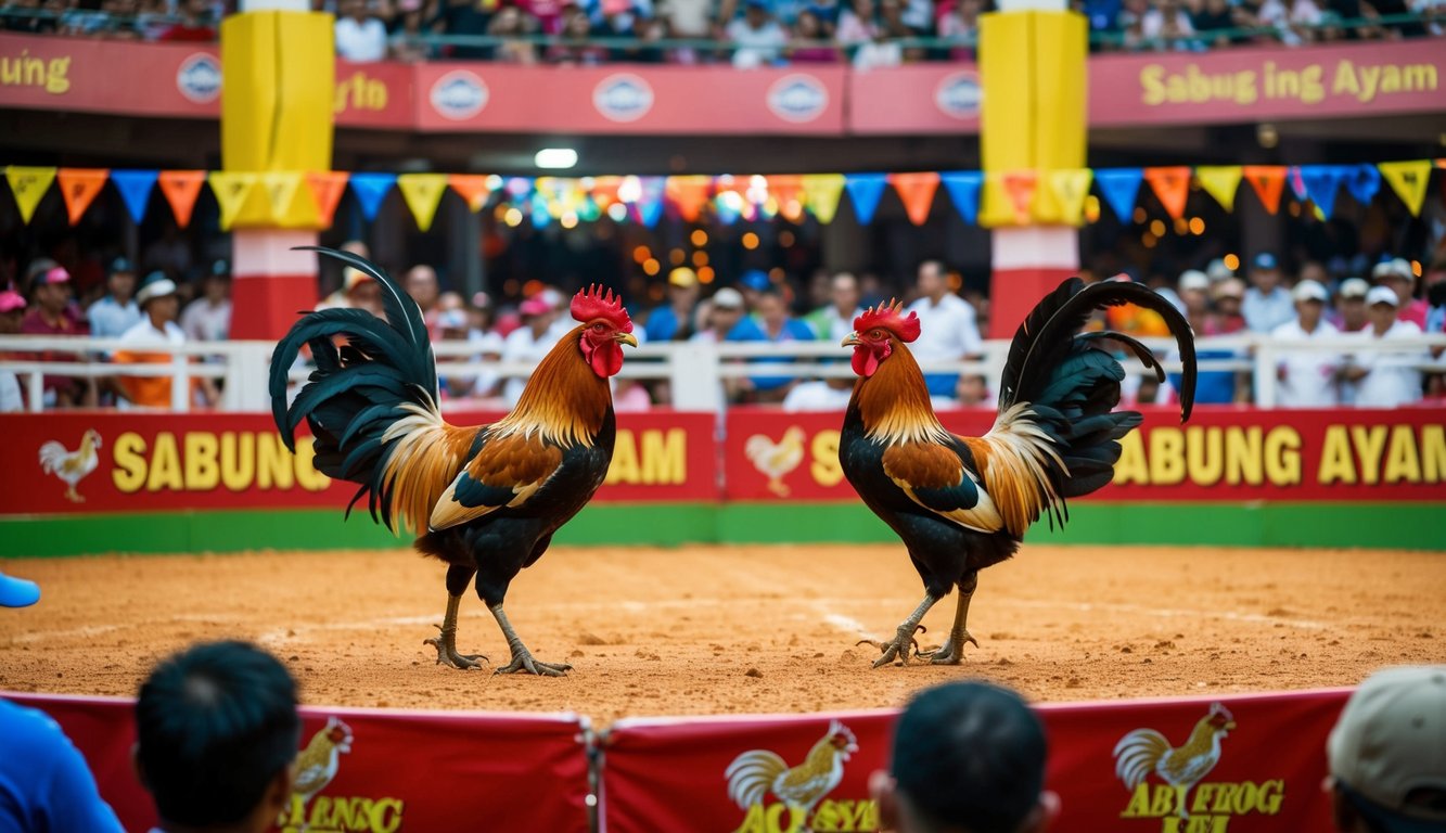 Sebuah arena yang ramai dengan ayam jantan yang saling berhadapan dalam pertandingan sabung ayam yang sengit, dikelilingi oleh penonton yang bersorak dan spanduk berwarna-warni.