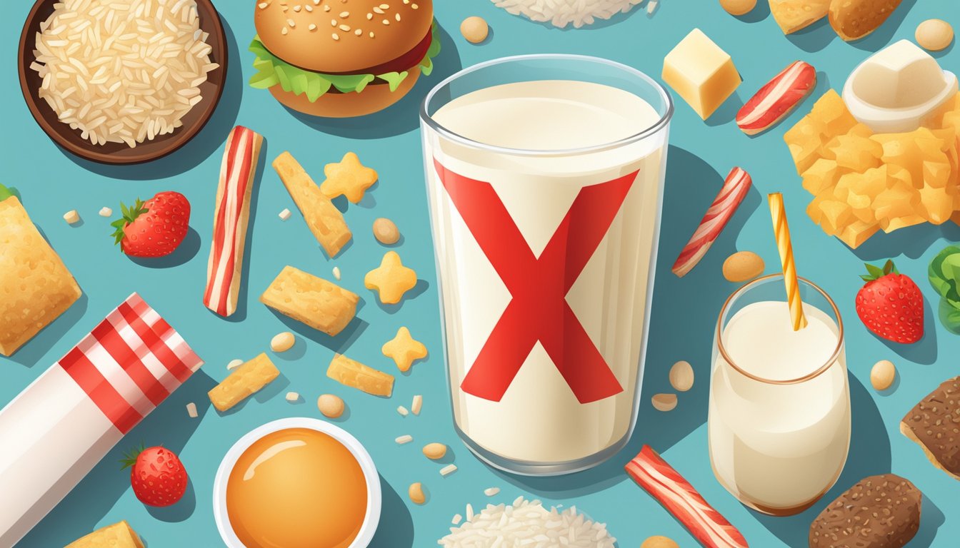 A glass of rice milk surrounded by unhealthy food items, with a red "X" over the glass