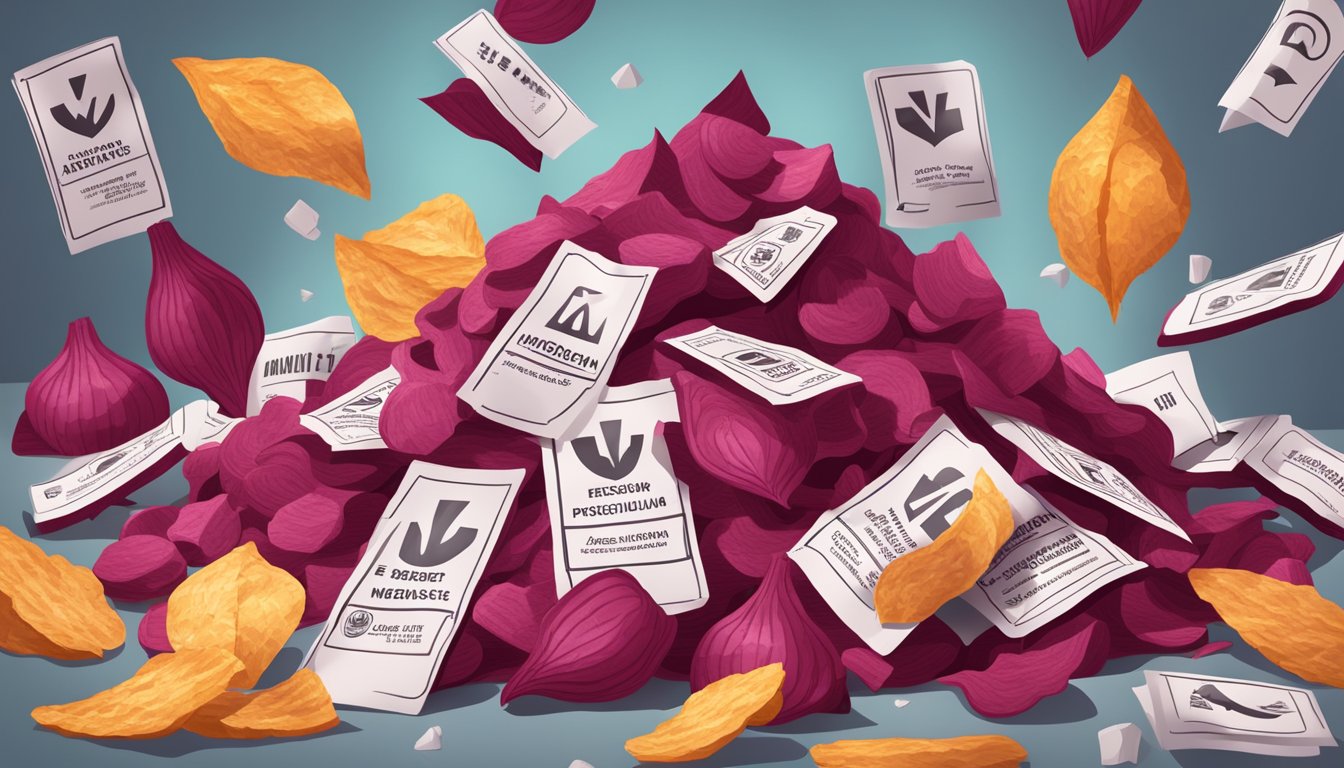 A pile of beet chips surrounded by warning signs and symbols for high sodium, unhealthy fats, and excessive processing