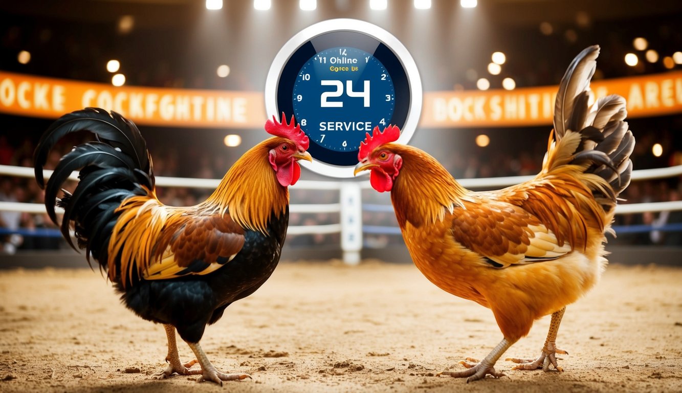 Seekor ayam jantan dan seekor ayam betina berhadapan di arena sabung ayam online, dikelilingi oleh jam digital yang menunjukkan layanan 24 jam