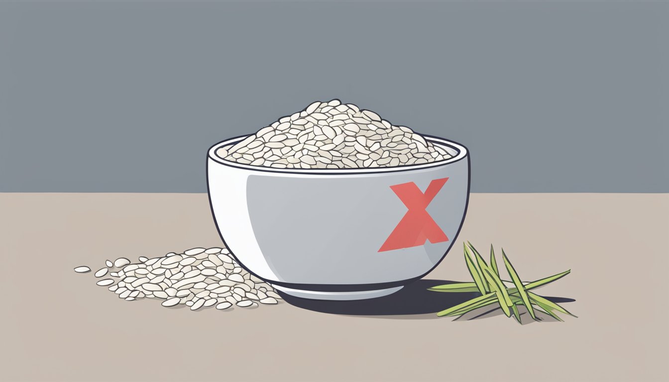 A glass of rice milk sits next to a pile of uncooked rice, with a red "x" drawn over it. A frowning face is drawn next to the glass