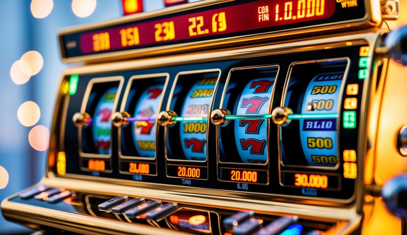 Mesin slot yang cerah dan modern dengan lampu berkedip dan tampilan jackpot yang bersinar