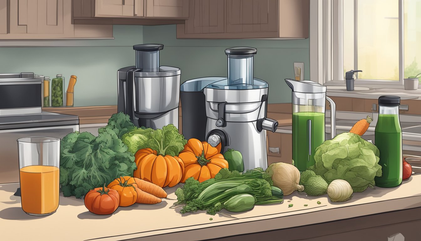 A pile of wilted vegetables and a discarded juicer sit on a kitchen counter, surrounded by empty bottles of vegetable juice