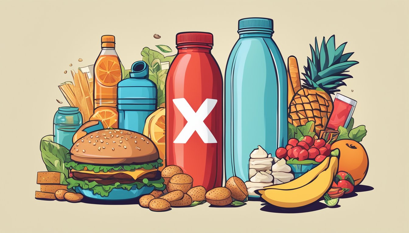 A bottle of protein water surrounded by unhealthy food items and a red "X" mark over it