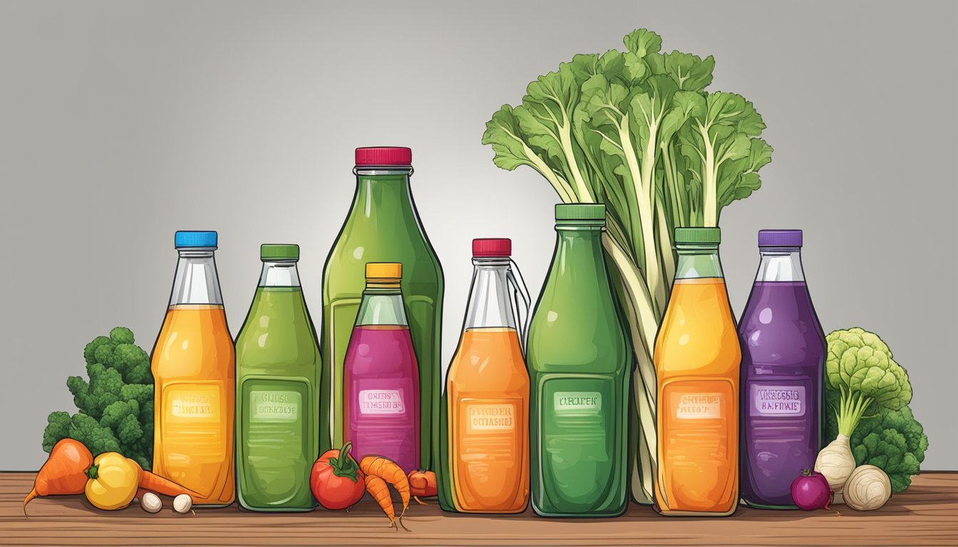 A table with various vegetable juice bottles, surrounded by wilted vegetables and a warning sign