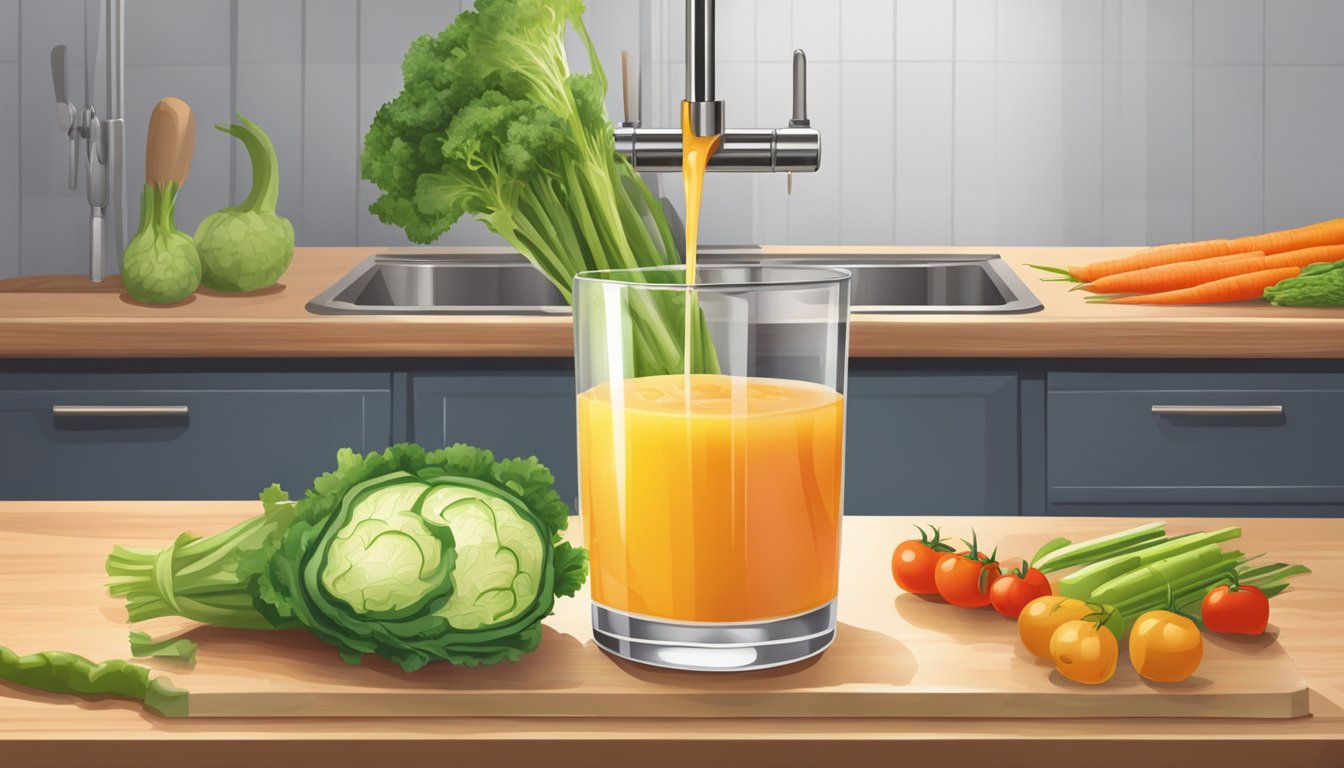 A glass of vegetable juice being poured down a drain, while fresh whole vegetables sit untouched on a cutting board nearby