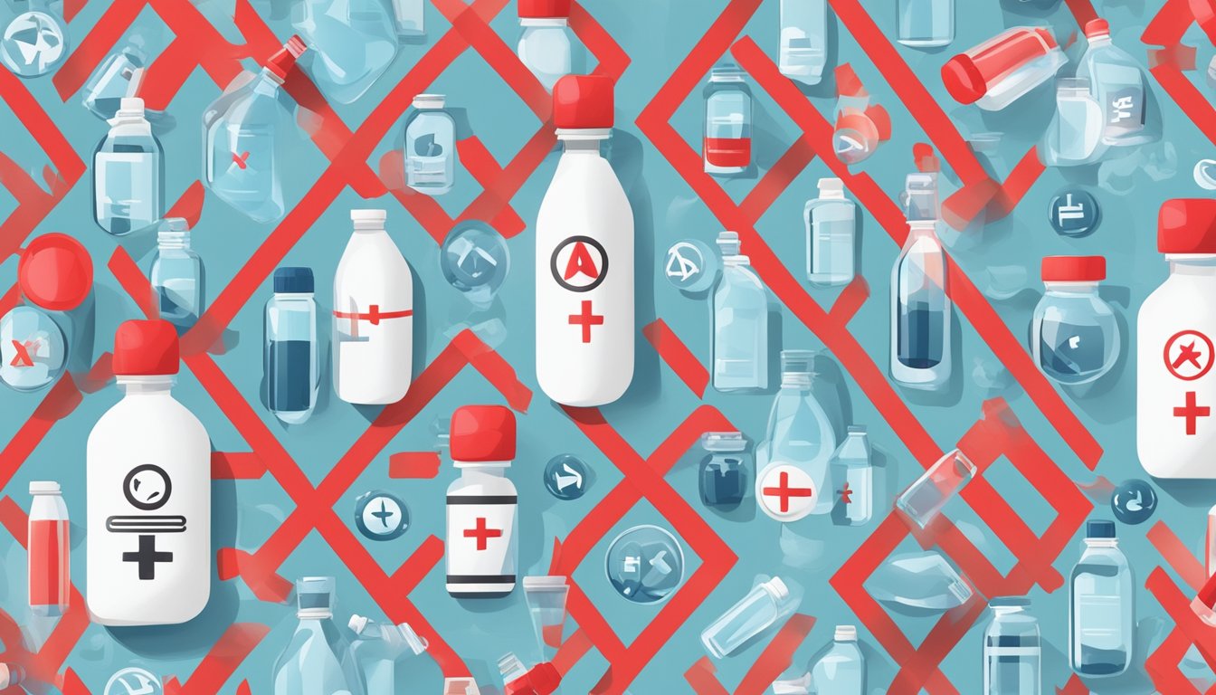 A bottle of protein water surrounded by warning signs and red X symbols