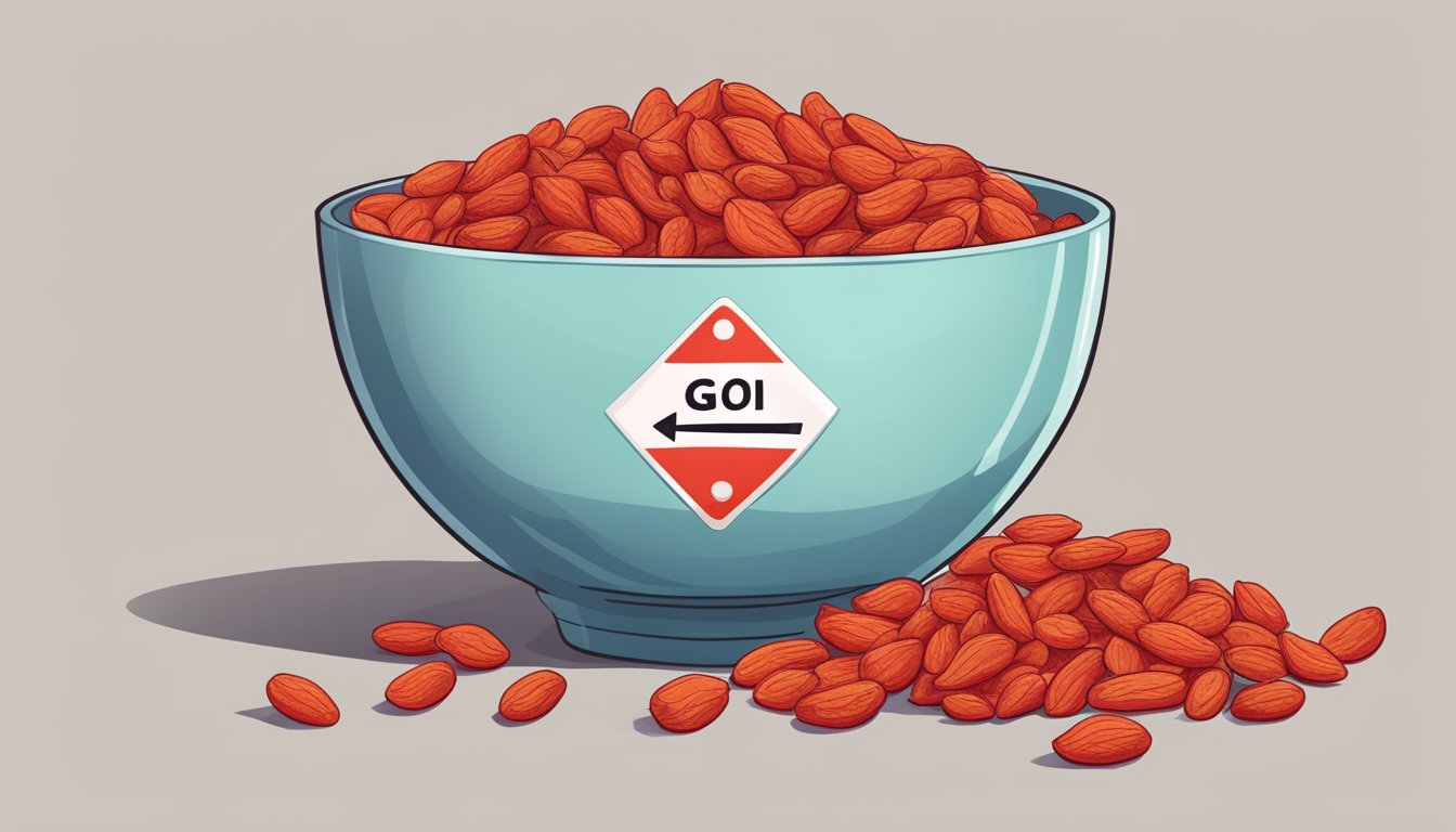 A pile of goji berries overflowing from a bowl, with a warning sign next to it