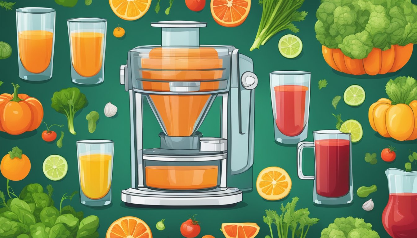 A colorful array of vegetables being juiced, with vibrant green, red, and orange juices flowing into separate glasses. The juicer is surrounded by fresh produce and scientific diagrams