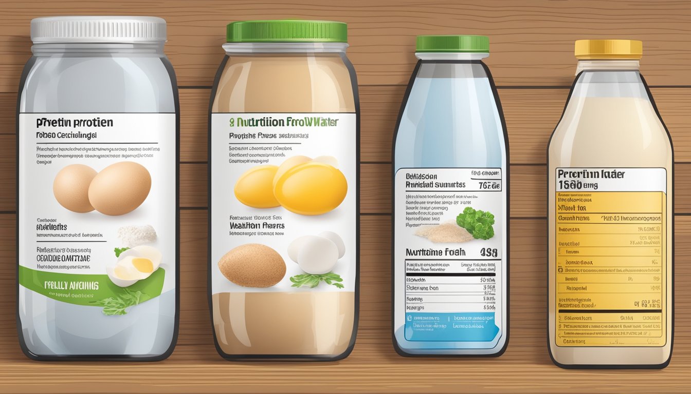 A table with various protein sources: eggs, chicken, tofu, and protein water. Labels show nutrition facts and health warnings