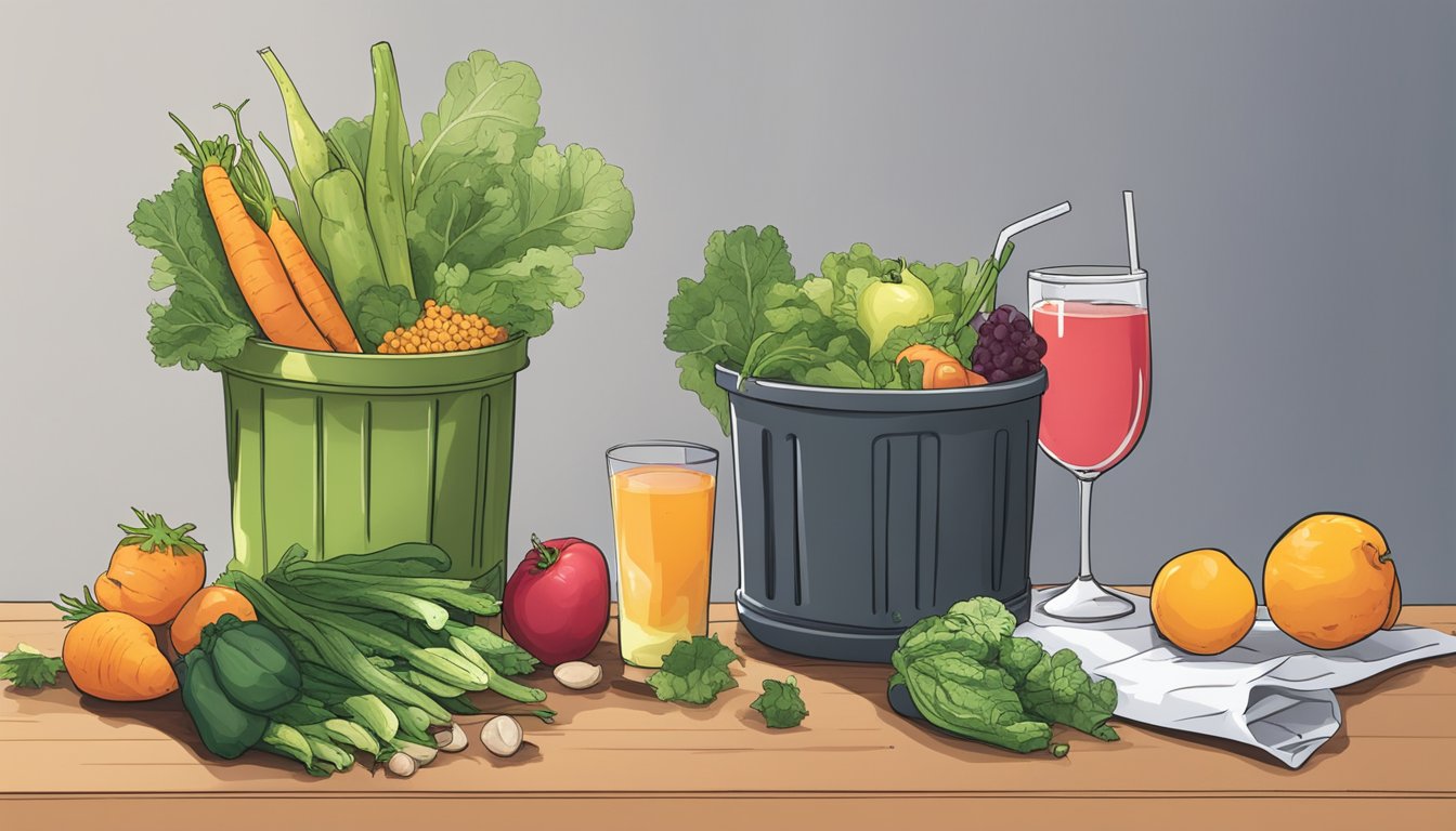 A pile of wilted vegetables next to a trash can, while a glass of fresh fruit juice sits on a table, untouched