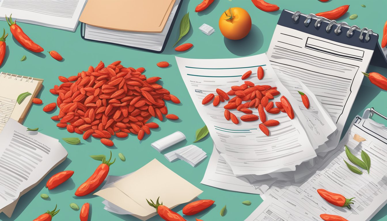 A pile of goji berries surrounded by scientific research papers debunking their supposed health benefits