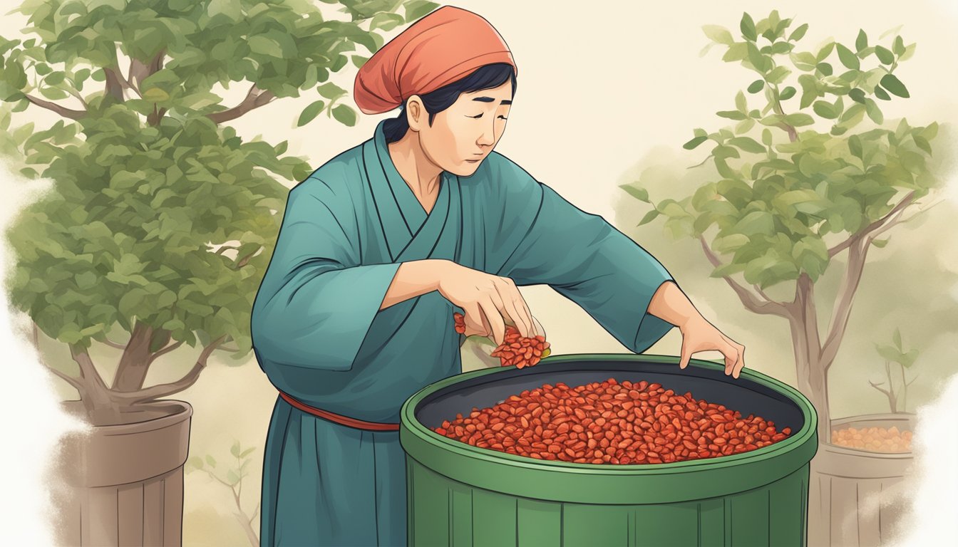 A traditional Chinese medicine practitioner discards goji berries into a trash can, with a look of disapproval on their face