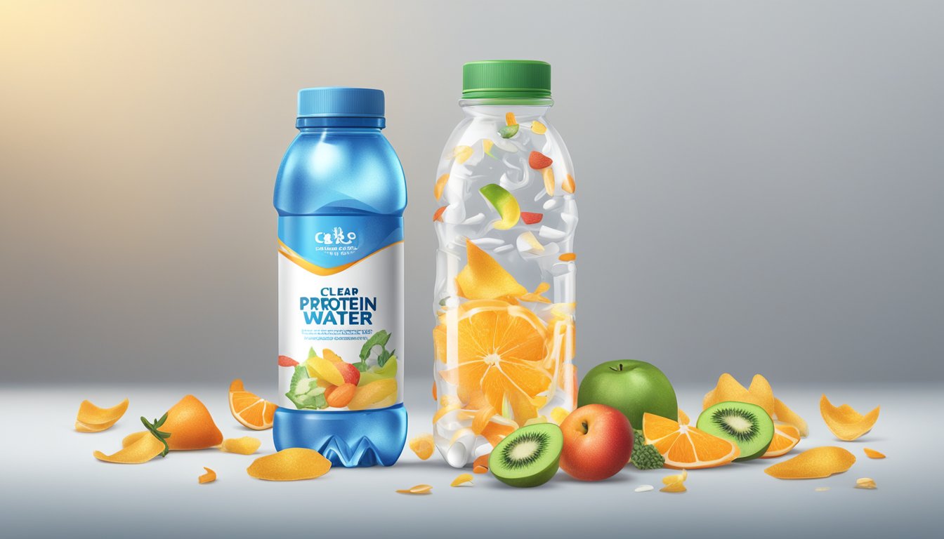 A clear plastic bottle of protein water surrounded by discarded fruit and vegetable peels, with a warning sign in the background