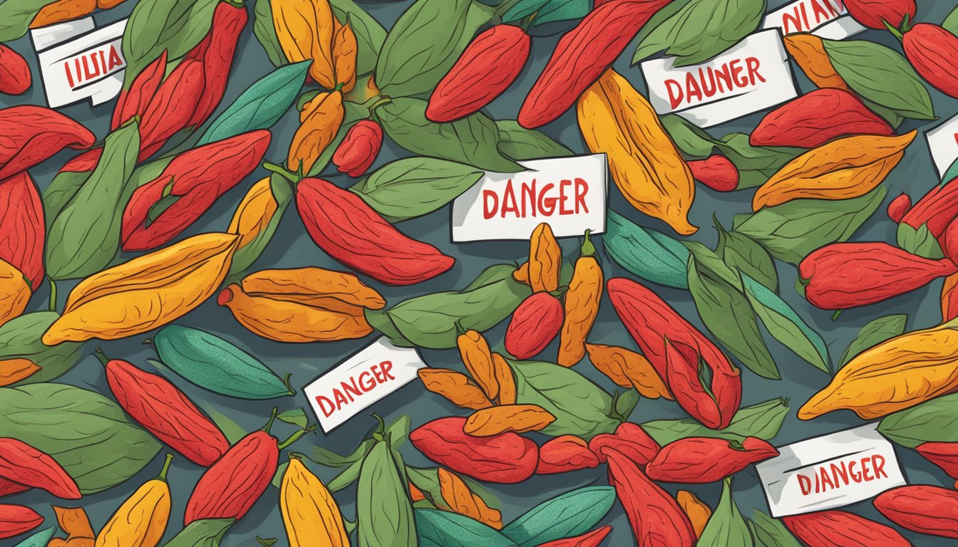 A pile of goji berries surrounded by warning signs and symbols of danger