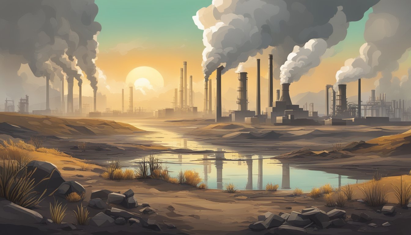 A barren landscape with wilted plants and polluted water, surrounded by industrial factories emitting toxic fumes