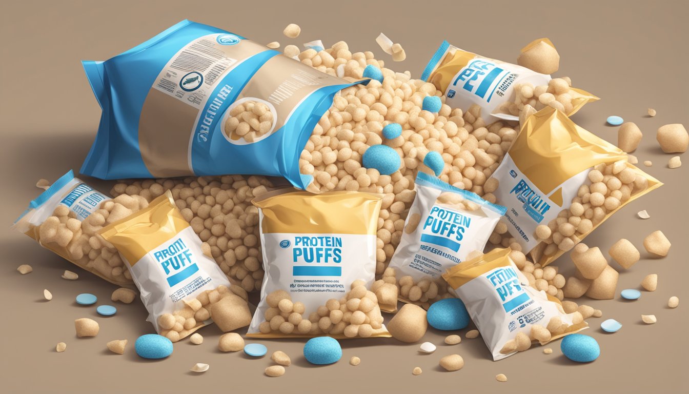 A pile of protein puffs spilling out of a torn bag, surrounded by discarded packaging and a nutrition label showing high levels of sodium and artificial ingredients