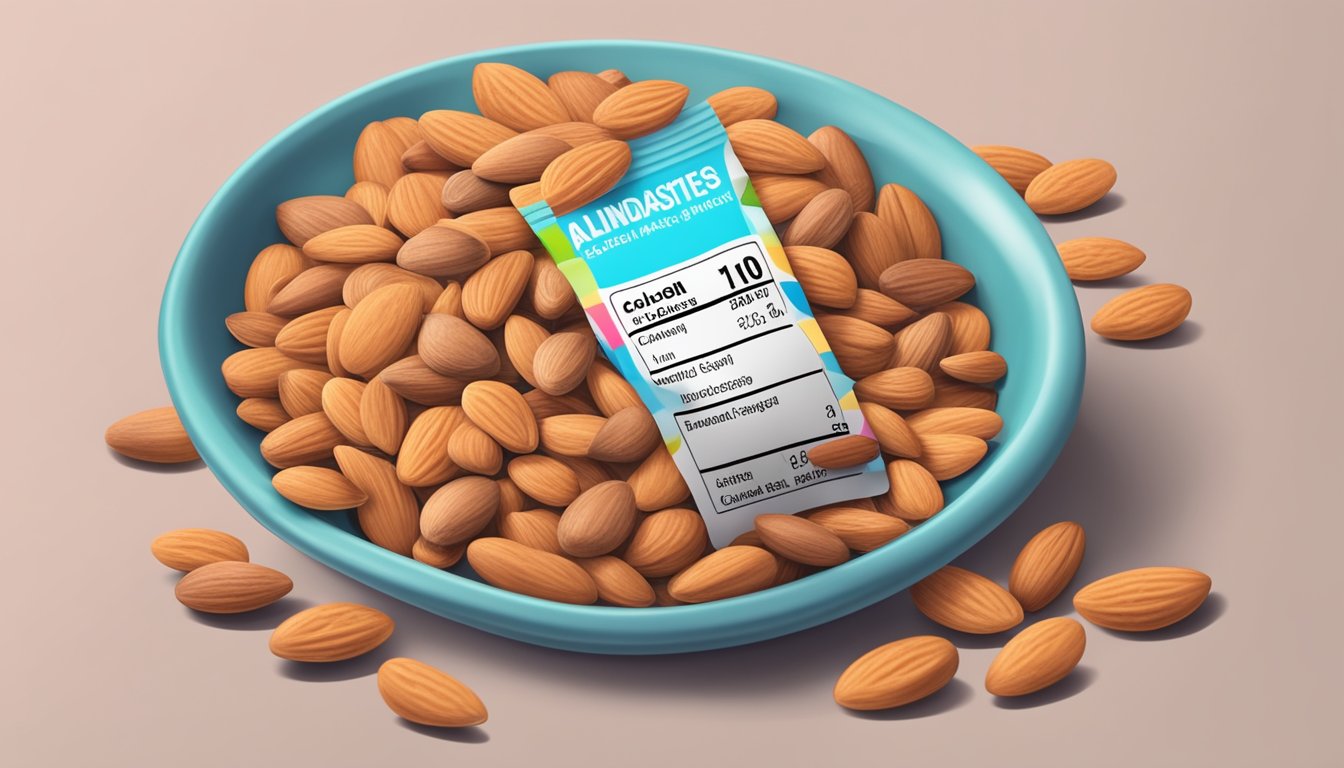 A pile of colorful, artificially flavored almonds next to a nutrition label showing high sugar and unhealthy fat content