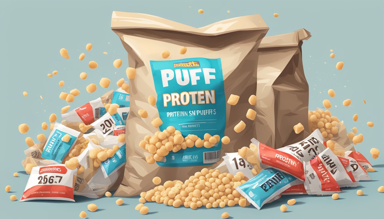 A pile of protein puffs spilling out of a torn bag, surrounded by discarded nutritional labels and a red "unhealthy" stamp