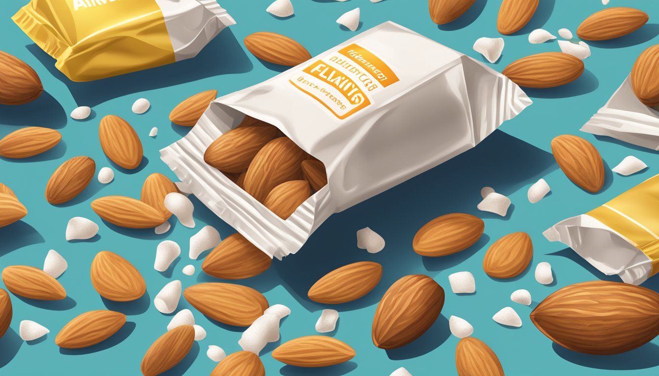 A pile of flavored almonds spills from a torn package, surrounded by discarded sugar packets and artificial flavoring containers