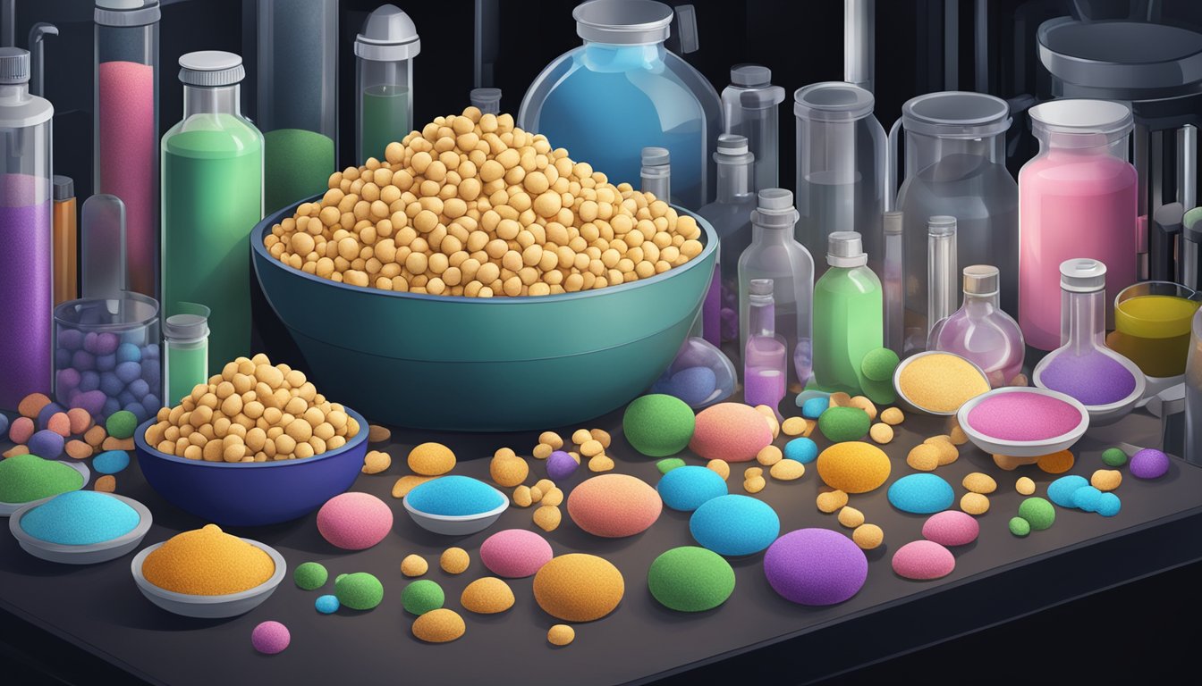 A pile of protein puffs surrounded by various chemical additives in a dark and ominous laboratory setting