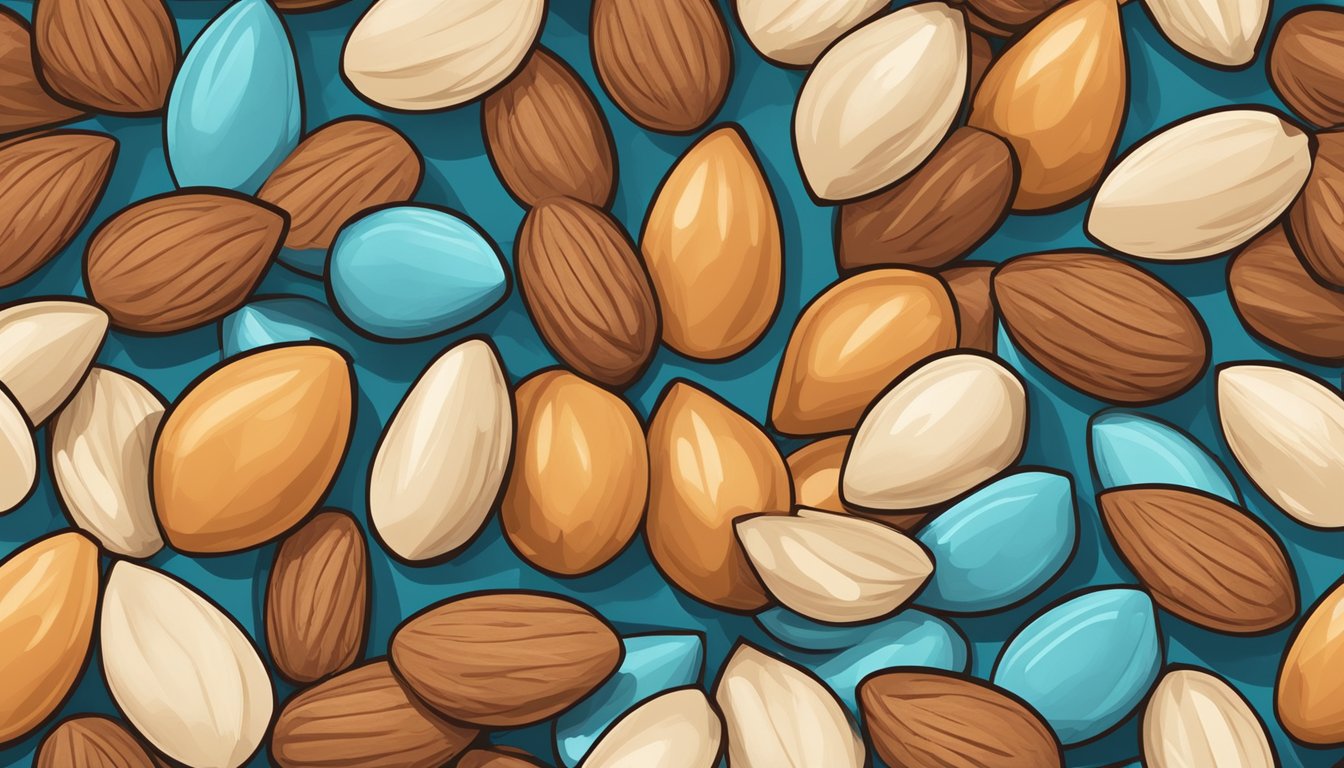 A pile of colorful, artificially flavored almonds next to a group of natural, unaltered almonds, with a clear distinction between the two