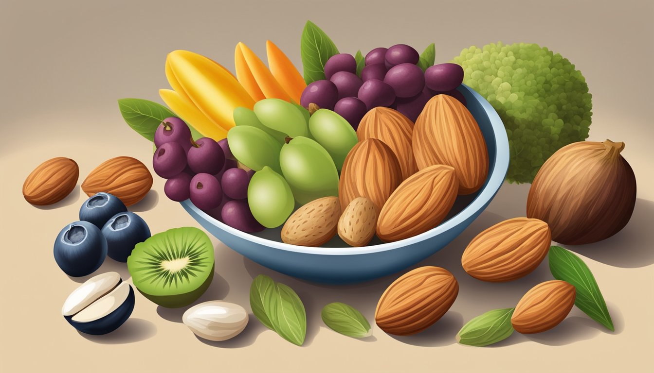 A bowl of raw almonds sits next to a variety of fresh fruits and vegetables, illustrating the healthy incorporation of almonds into a balanced diet