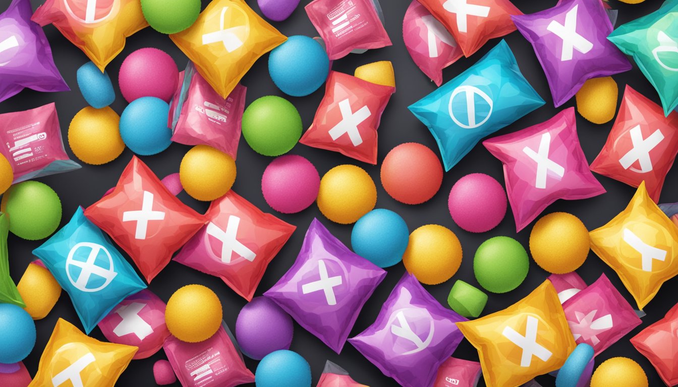 A pile of colorful, enticing protein puffs packaged in bright, eye-catching bags, surrounded by warning signs and red "X" marks