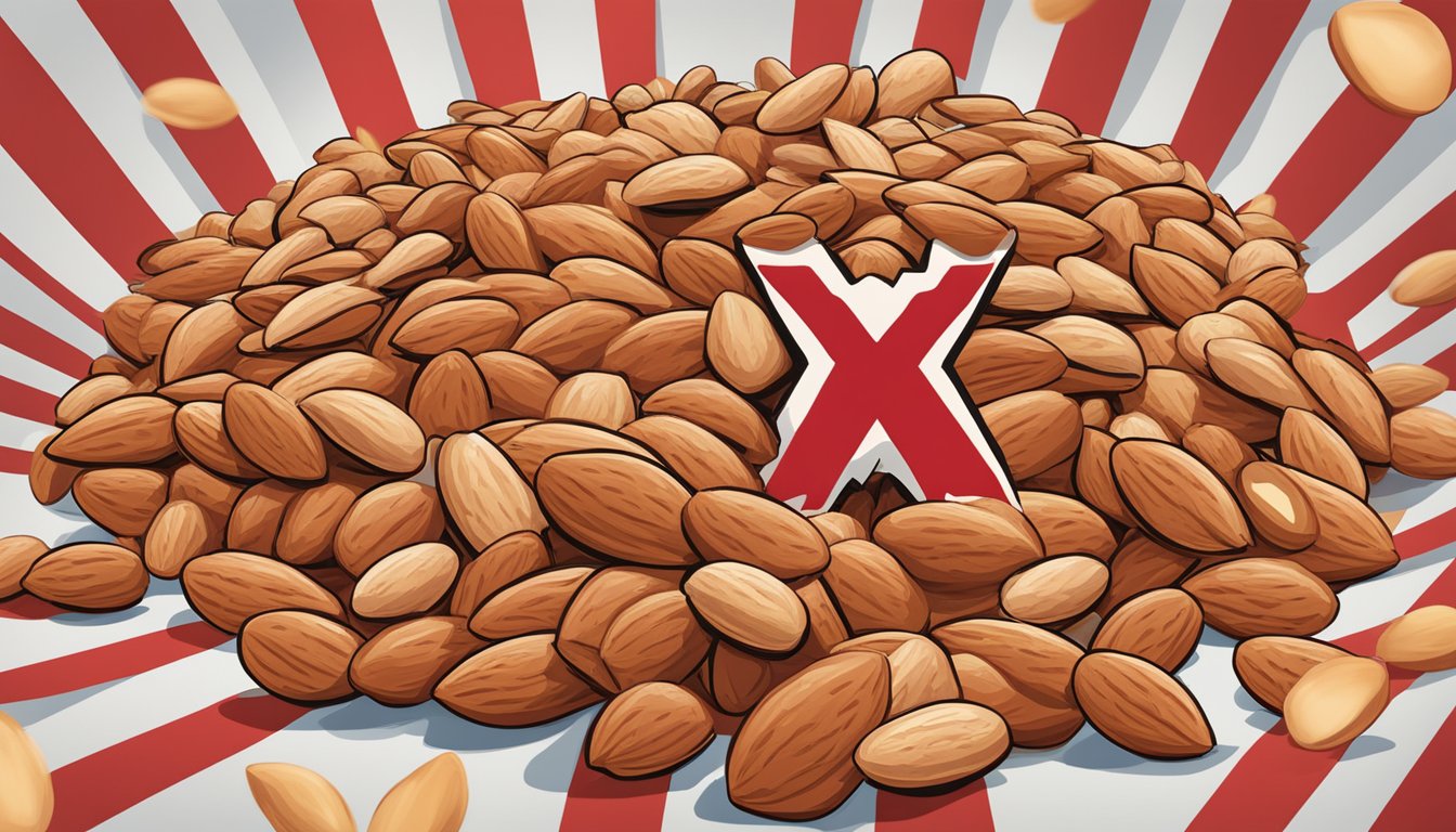 A pile of flavored almonds surrounded by warning signs and a red "X" symbol