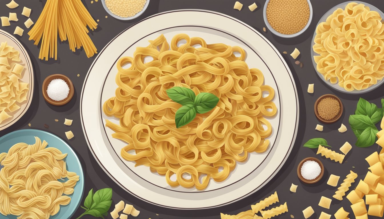 A table set with a plate of gluten-free pasta next to a pile of unhealthy processed ingredients like sugar, artificial flavors, and preservatives