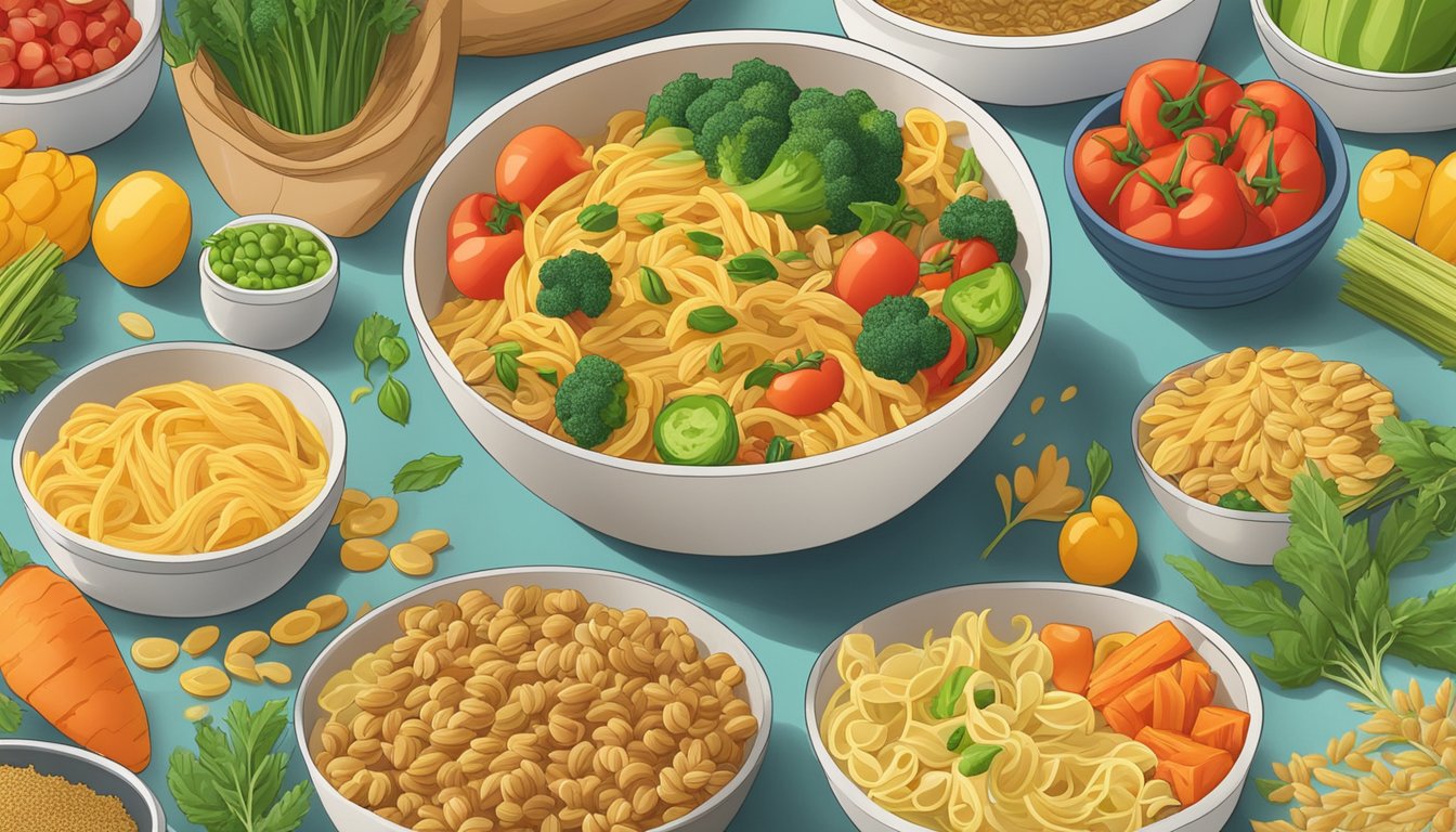 A colorful array of fresh, vibrant vegetables and whole grains, with a prominent bowl of gluten-free pasta being pushed to the side