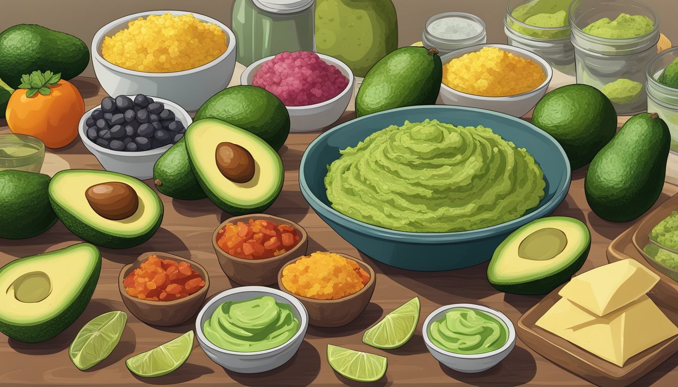 A table with various processed ingredients, including avocados, preservatives, and artificial flavors, arranged next to a bowl of fresh, homemade guacamole