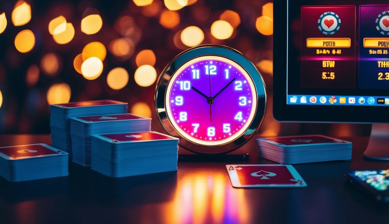 Sebuah jam digital yang bercahaya menunjukkan waktu 24 jam, dikelilingi oleh tumpukan kartu permainan dan layar komputer dengan antarmuka permainan poker