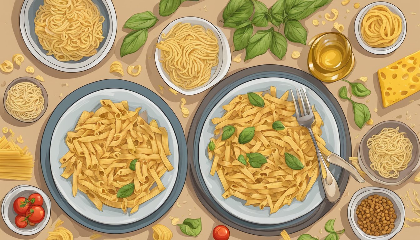 A plate of gluten-free pasta surrounded by unhealthy processed ingredients and a warning sign