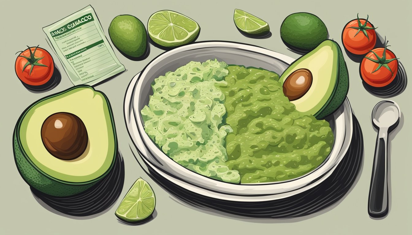 A table with a bowl of packaged guacamole next to fresh avocados, tomatoes, and limes. Nutritional labels and ingredients list displayed prominently