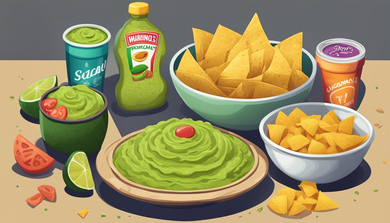 A table with packaged guacamole surrounded by unhealthy processed food items and a warning sign