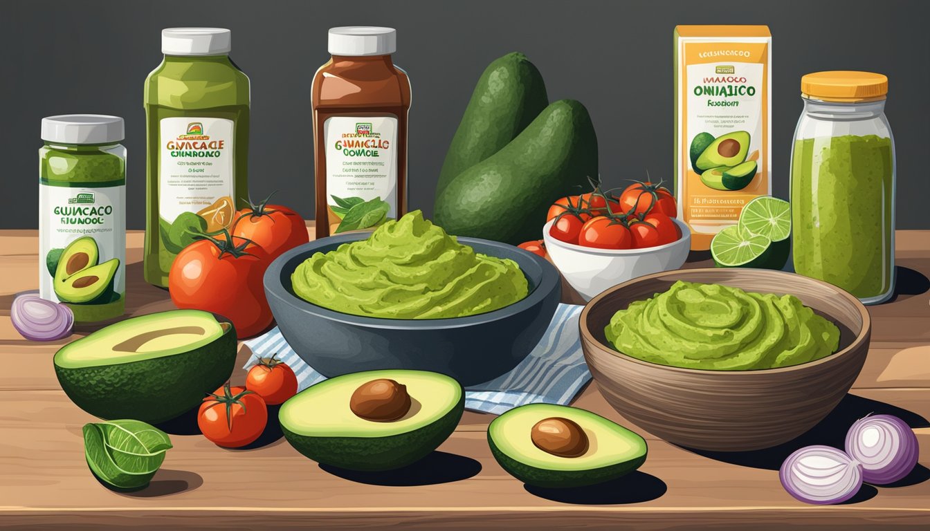 A table with various packaged guacamole products next to fresh avocados, tomatoes, and onions. Nutritional labels and unhealthy ingredients are visible