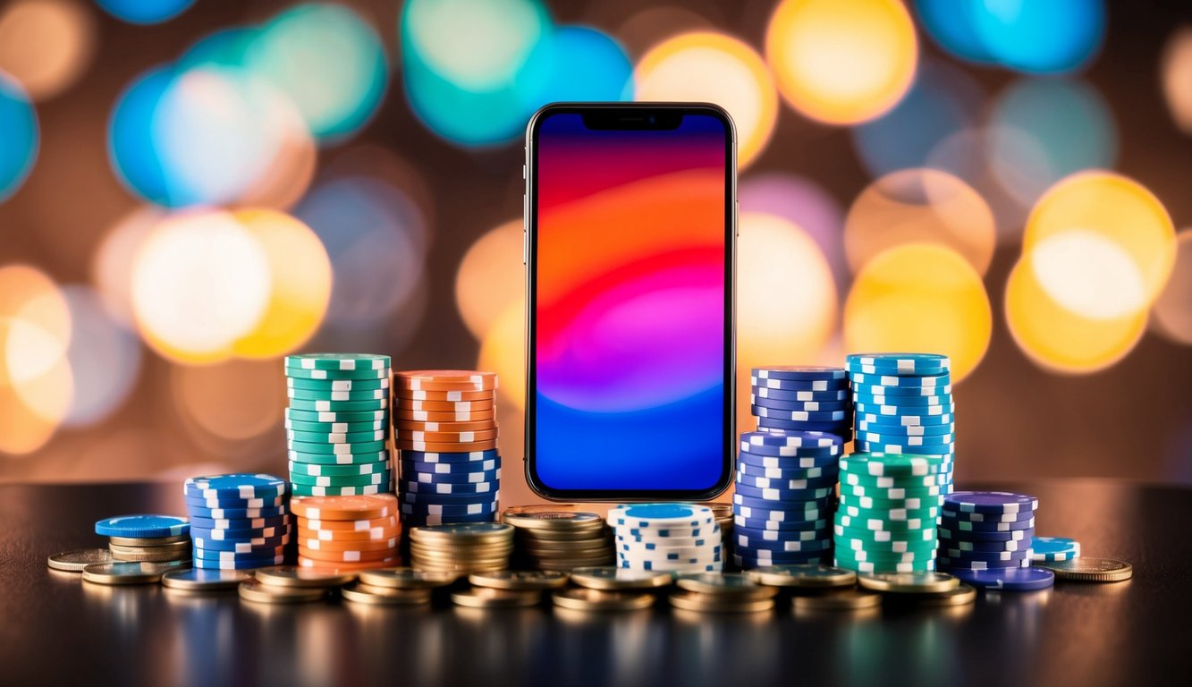 Sebuah smartphone dengan layar yang bersinar dikelilingi oleh tumpukan chip poker berwarna-warni dan setumpuk koin yang berdenyut.