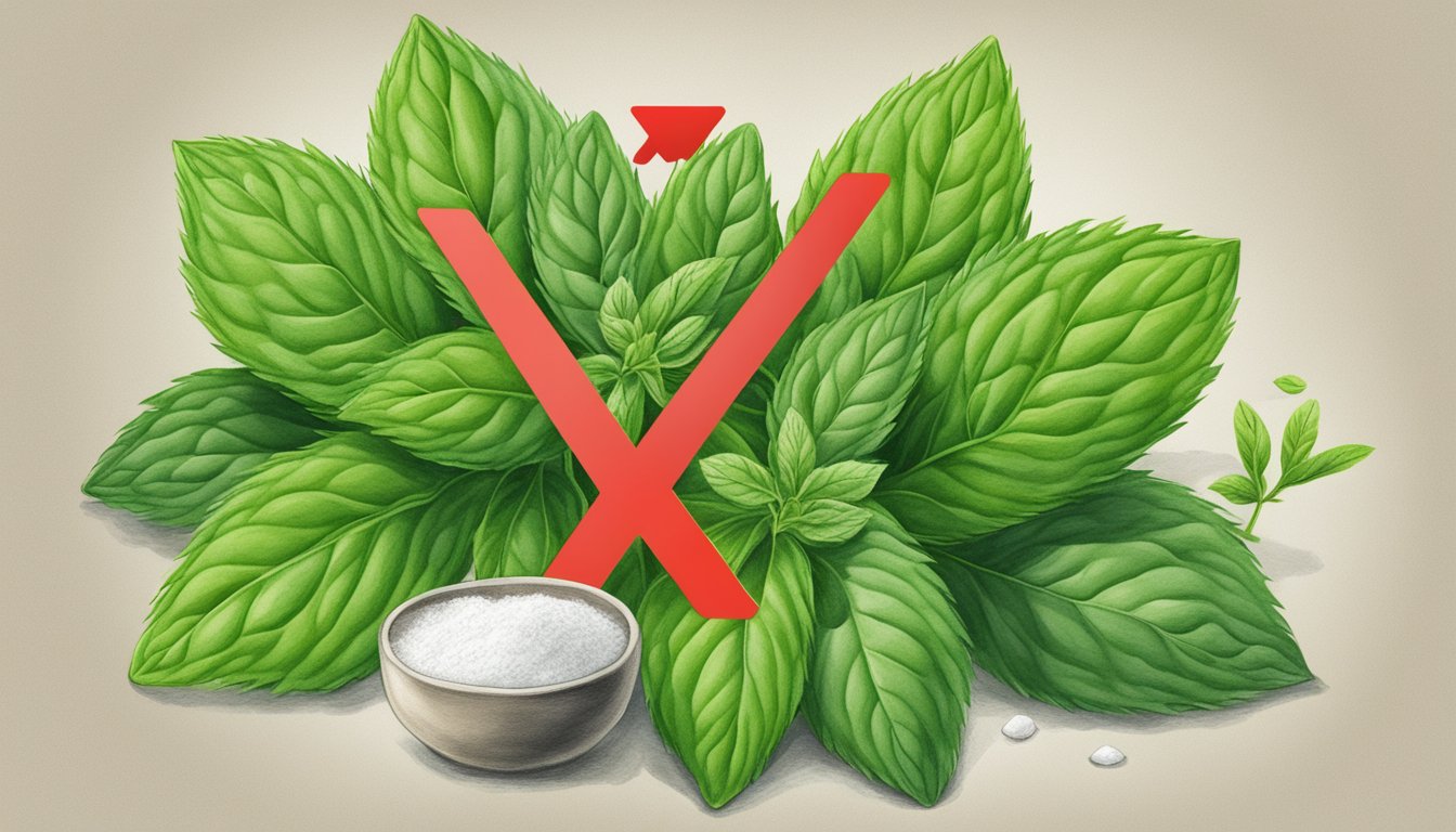 A lush green stevia plant surrounded by its derivatives, with a warning sign and red X symbol indicating its unhealthy nature