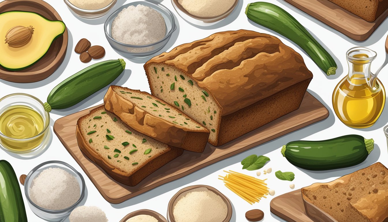 A loaf of zucchini bread surrounded by unhealthy ingredients like sugar, white flour, and oil