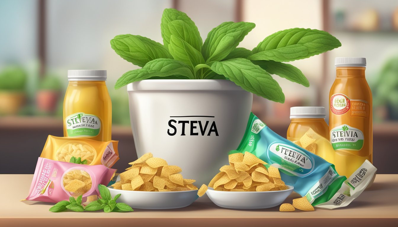 A stevia plant surrounded by unhealthy food items, with a nutrition label showing high caloric content and low nutritional value