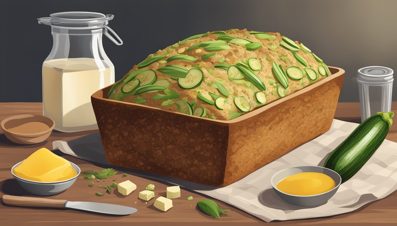 A loaf of zucchini bread surrounded by unhealthy ingredients: sugar, oil, and processed flour