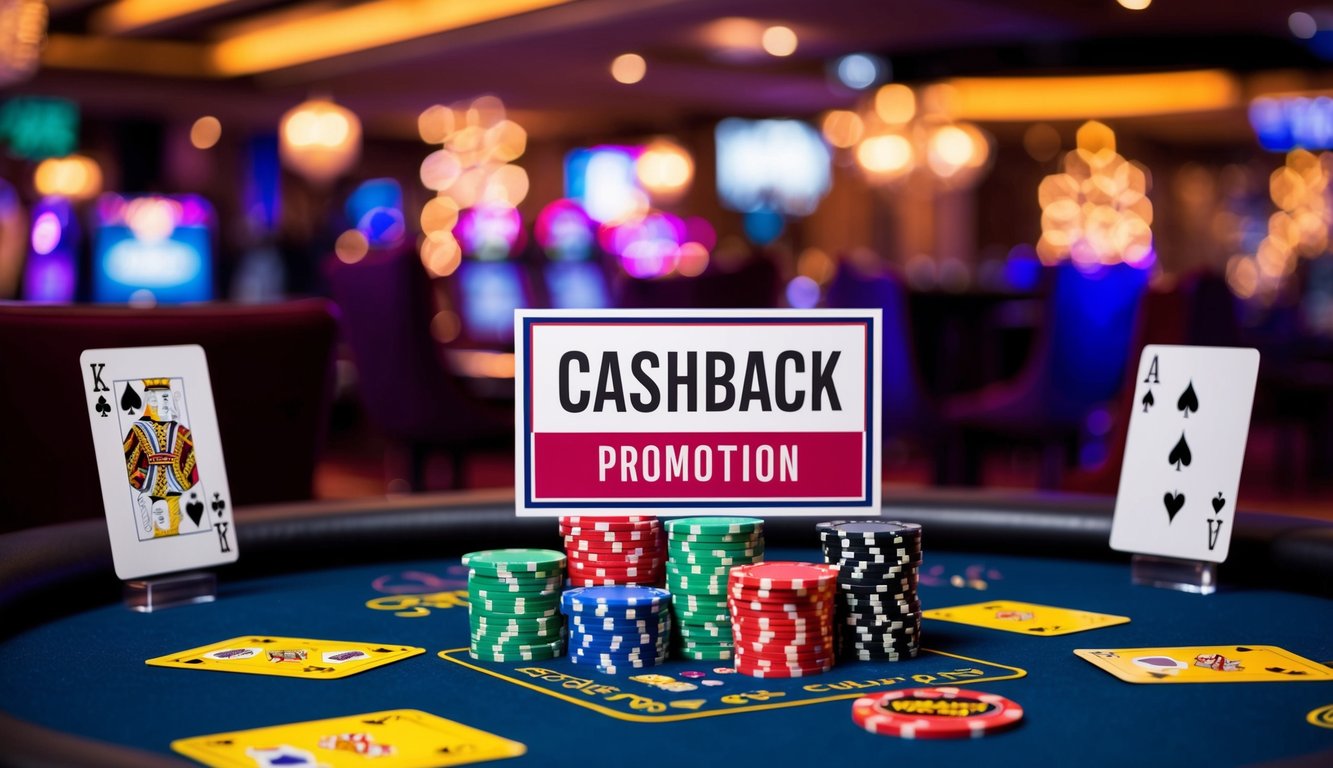 Sebuah pengaturan kasino yang berwarna-warni dan hidup dengan kartu permainan, chip poker, dan spanduk promosi cashback yang ditampilkan dengan jelas