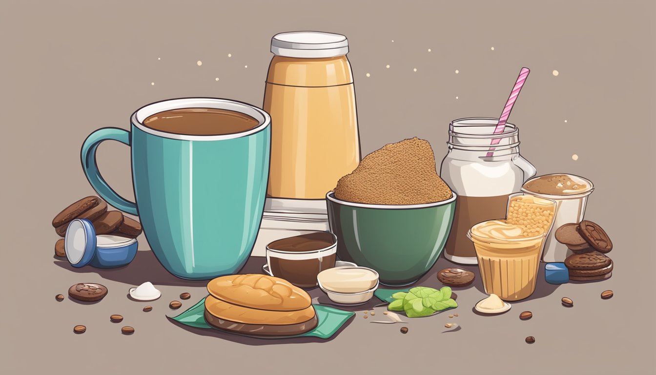 A cup of coffee with a protein powder container next to it, surrounded by various unhealthy food items