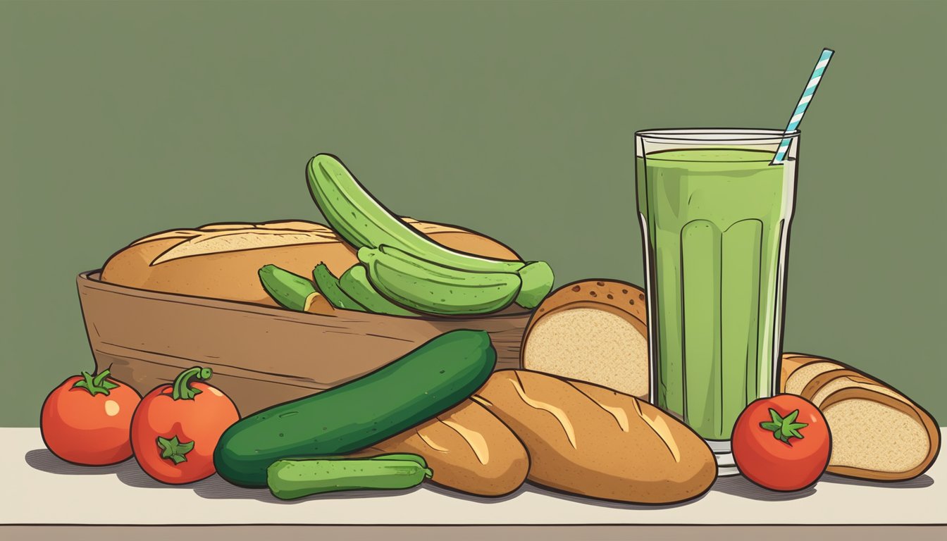 A pile of zucchinis and bread loaves, with a red "X" over them. A green smoothie and a bowl of fresh vegetables sit nearby